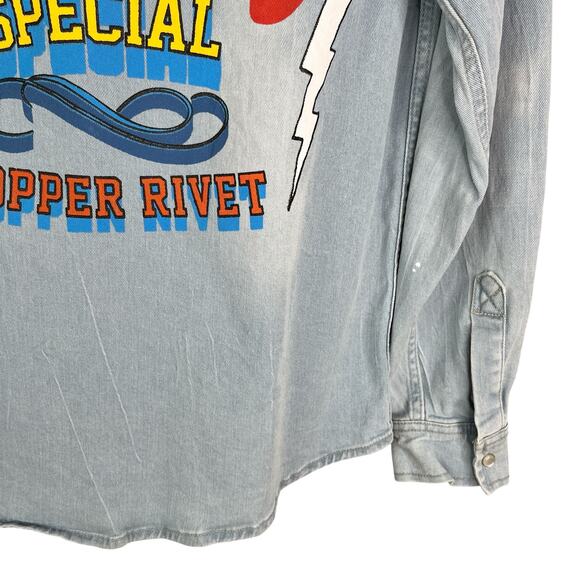 Copper Rivet Light Blue Denim Shirt Snap Button Graphic Prints Large - Picture 11 of 12